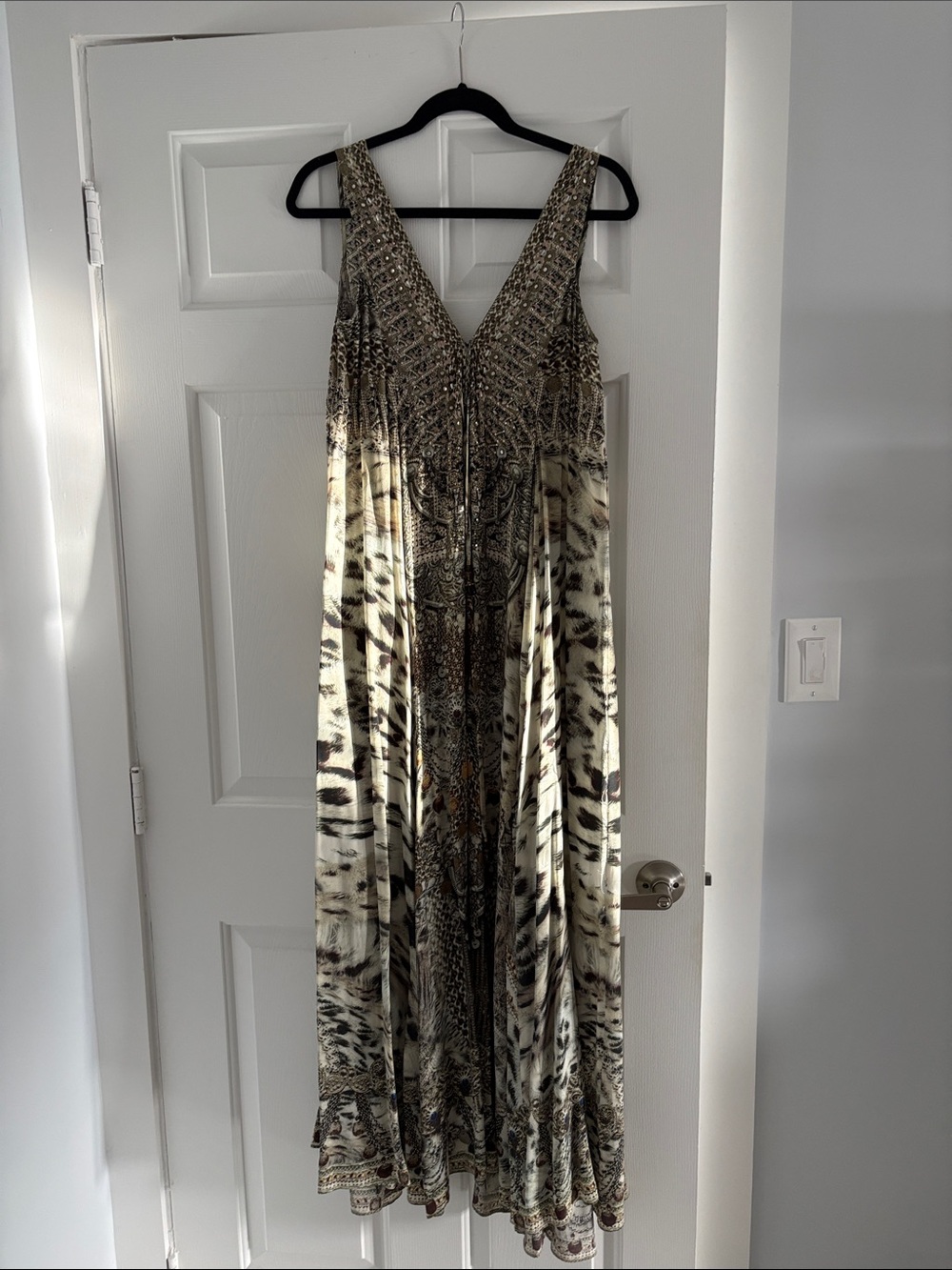 Camilla Beaded V-Neck Maxi Dress in Cream and Brown Animal Print